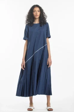 Three Navy Dress With Asymmetric Pleats