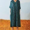 Ikai Pleated Teal V Neck Kaftan Dress
