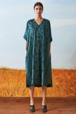 Ikai Pleated Teal V Neck Kaftan Dress
