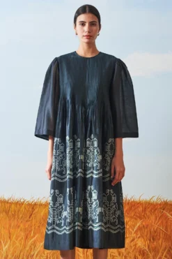 Ikai Teal Shibori Dyed Chanderi Dress -Inca Clothing Shop sh spd 2121 4