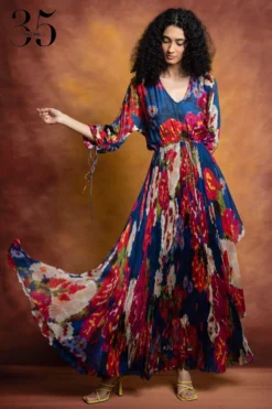 Saaksha & Kinni Blue Botanical Print Micro Pleated Dress -Inca Clothing Shop sk 229sk1 3