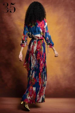 Saaksha & Kinni Blue Botanical Print Micro Pleated Dress -Inca Clothing Shop sk 229sk1 7