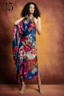 Saaksha & Kinni Blue Floral Print One-shoulder Kaftan Dress