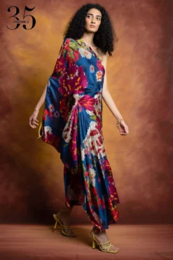 Saaksha & Kinni Blue Floral Print One-shoulder Kaftan Dress -Inca Clothing Shop sk 229sk13 3