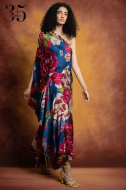Saaksha & Kinni Blue Floral Print One-shoulder Kaftan Dress -Inca Clothing Shop sk 229sk13 5