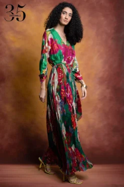 Saaksha & Kinni Green Floral Printed Micro Pleated Dress -Inca Clothing Shop sk 229sk14 3