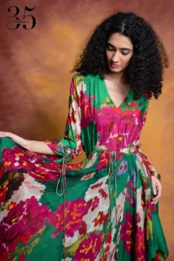 Saaksha & Kinni Green Floral Printed Micro Pleated Dress -Inca Clothing Shop sk 229sk14 4