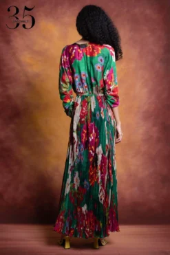 Saaksha & Kinni Green Floral Printed Micro Pleated Dress -Inca Clothing Shop sk 229sk14 5