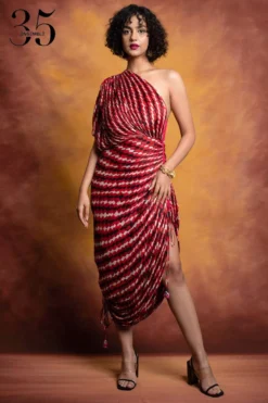 Saaksha & Kinni Red Checkered Micro Pleated Sari Dress