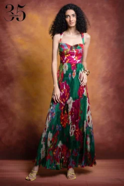 Saaksha & Kinni Green Floral Printed Micro Pleated Maxi Dress