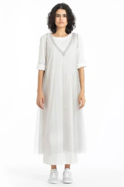 Three Soft Net Side Gather Dress With Cotton Dress