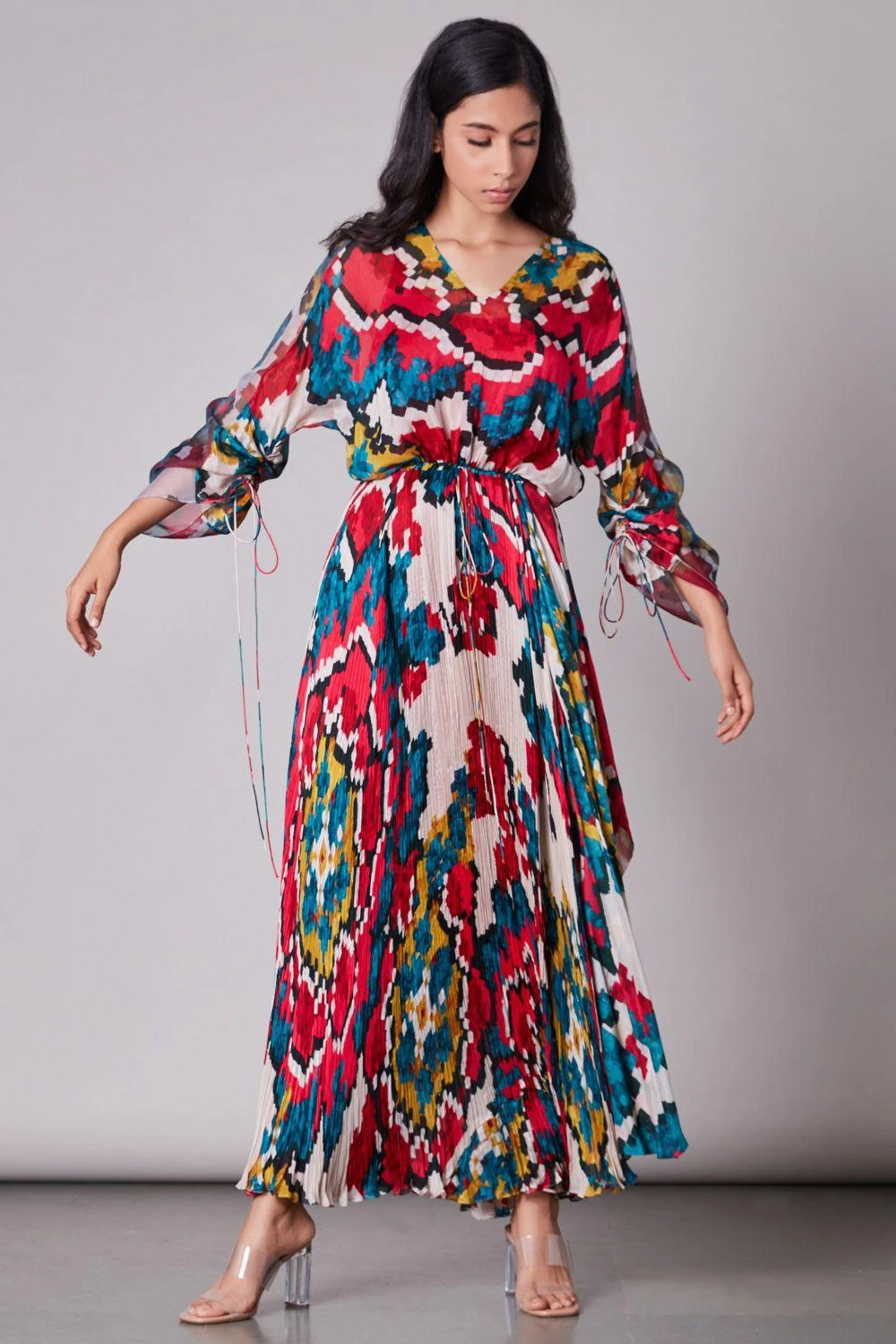 Saaksha & Kinni Ikat Printed Micro Pleated Maxi Dress 1 Saaksha & Kinni Ikat Printed Micro Pleated Maxi Dress