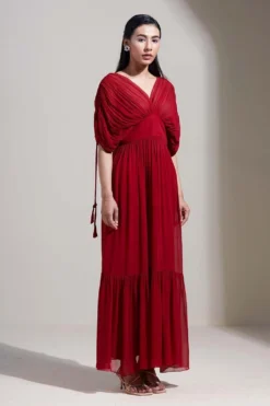 Twinkle Hanspal Maroon Ruched Maxi Dress