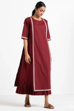 Three Crimson Panel Dress With Pleat Detailing