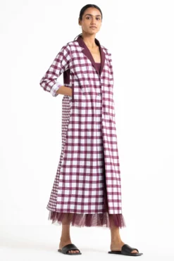 Three Checkered Jacket & Wine Maxi Dress Set