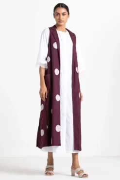 Three White Maxi Dress & Wine Polka Dotted Jacket Set
