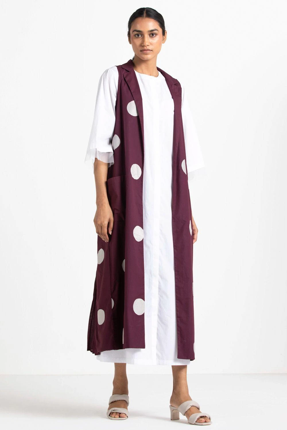 Three White Maxi Dress & Wine Polka Dotted Jacket Set 1 Three White Maxi Dress & Wine Polka Dotted Jacket Set