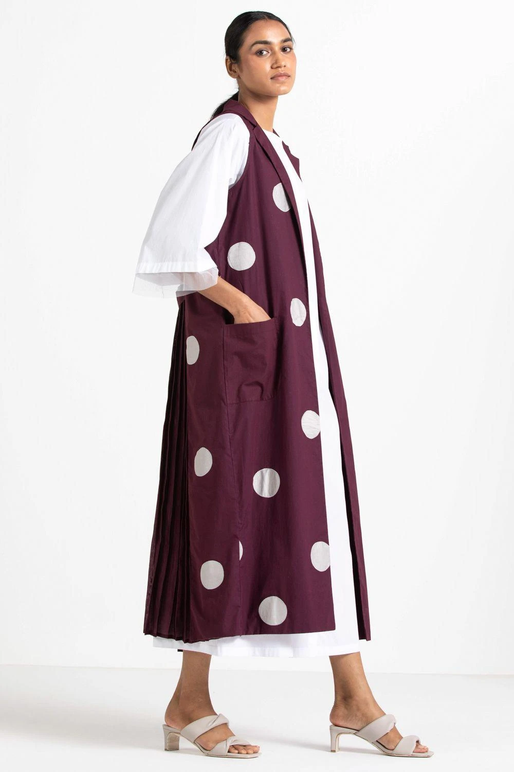 Three White Maxi Dress & Wine Polka Dotted Jacket Set 2 Three White Maxi Dress & Wine Polka Dotted Jacket Set - Image 2