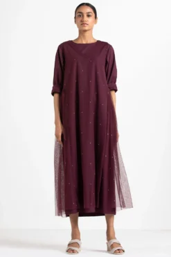 Three Wine Side Gathered Layered Dress Set
