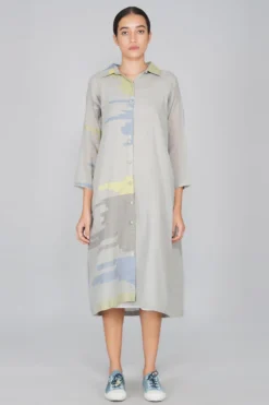 YAVI Cotton Jamdani Button Down Shirt Dress.