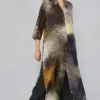 YAVI Silk Printed Slit Dress
