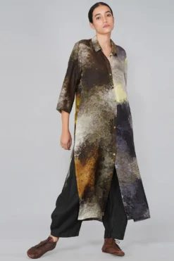 YAVI Silk Printed Slit Dress