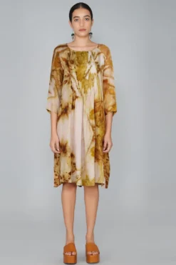 YAVI Leaf Impressionist Dress With Pintuck Details