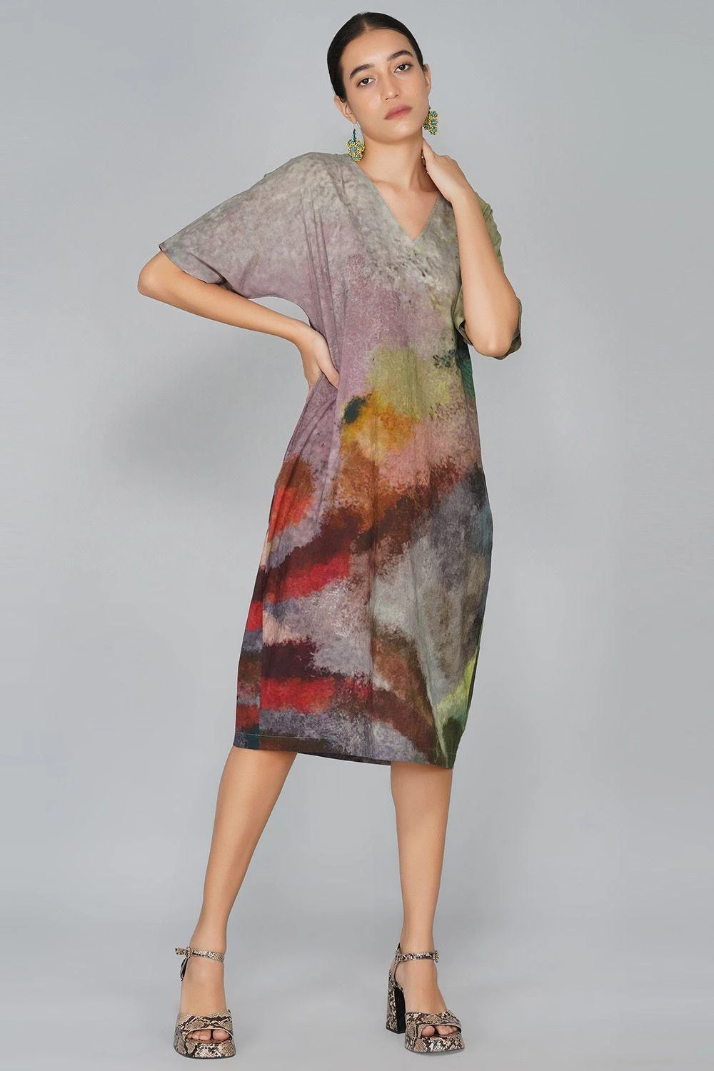 YAVI V Neck Impressionist Print Dress 1 YAVI V Neck Impressionist Print Dress